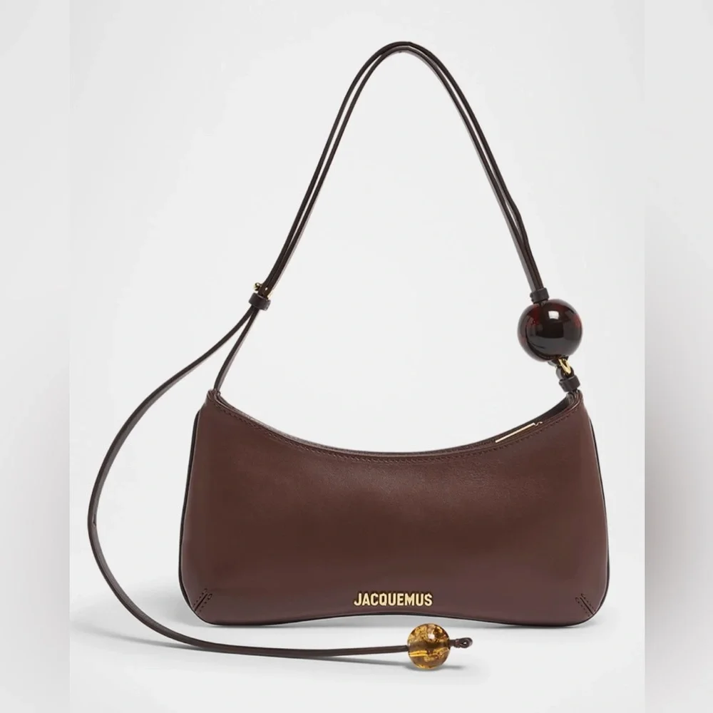 Jacquemus Brown Leather Shoulder Bag with Amber Bead Accents - Picture 1 of 8
